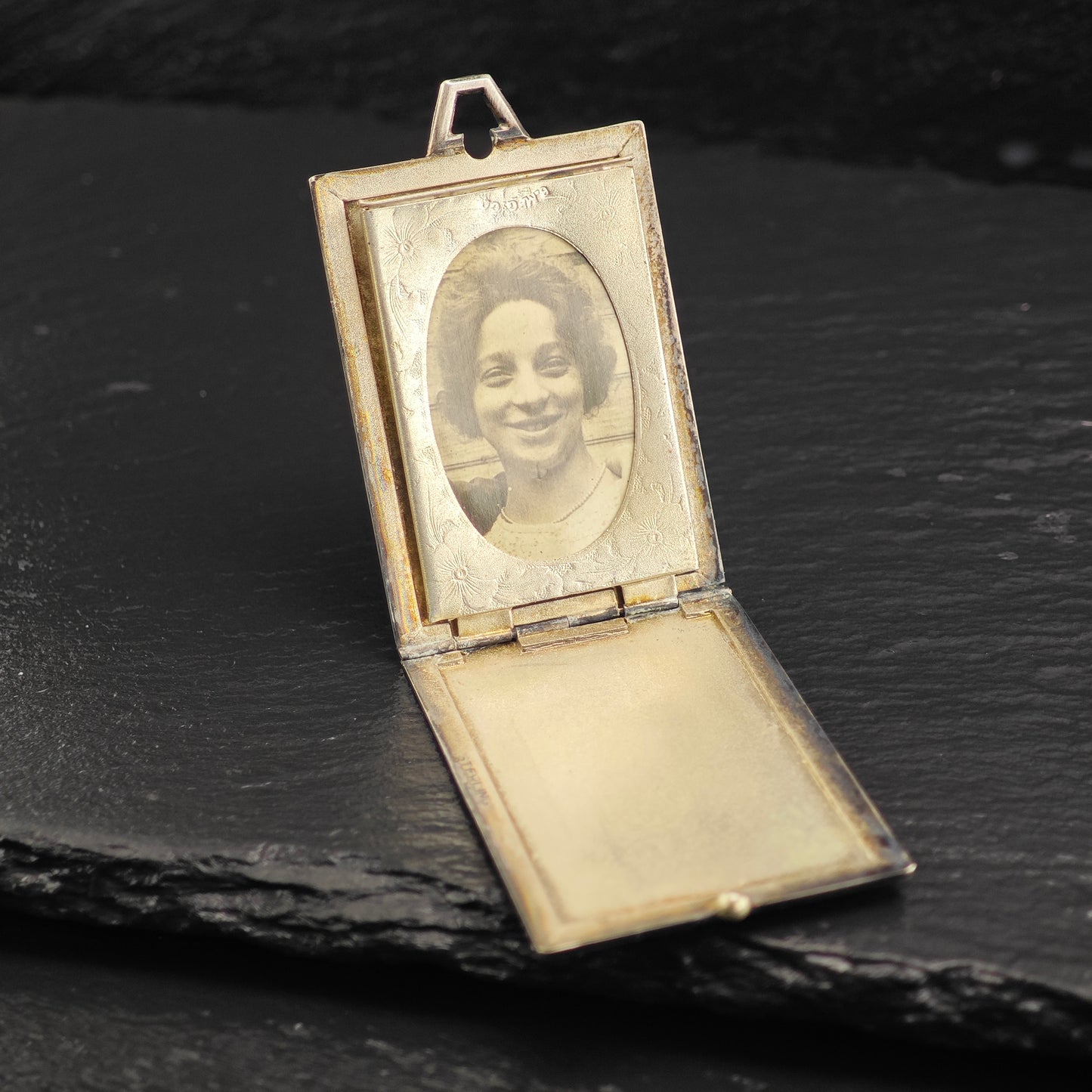 Antique Book Picture Locket Pendant Engraved ECA, Sterling Silver P3023