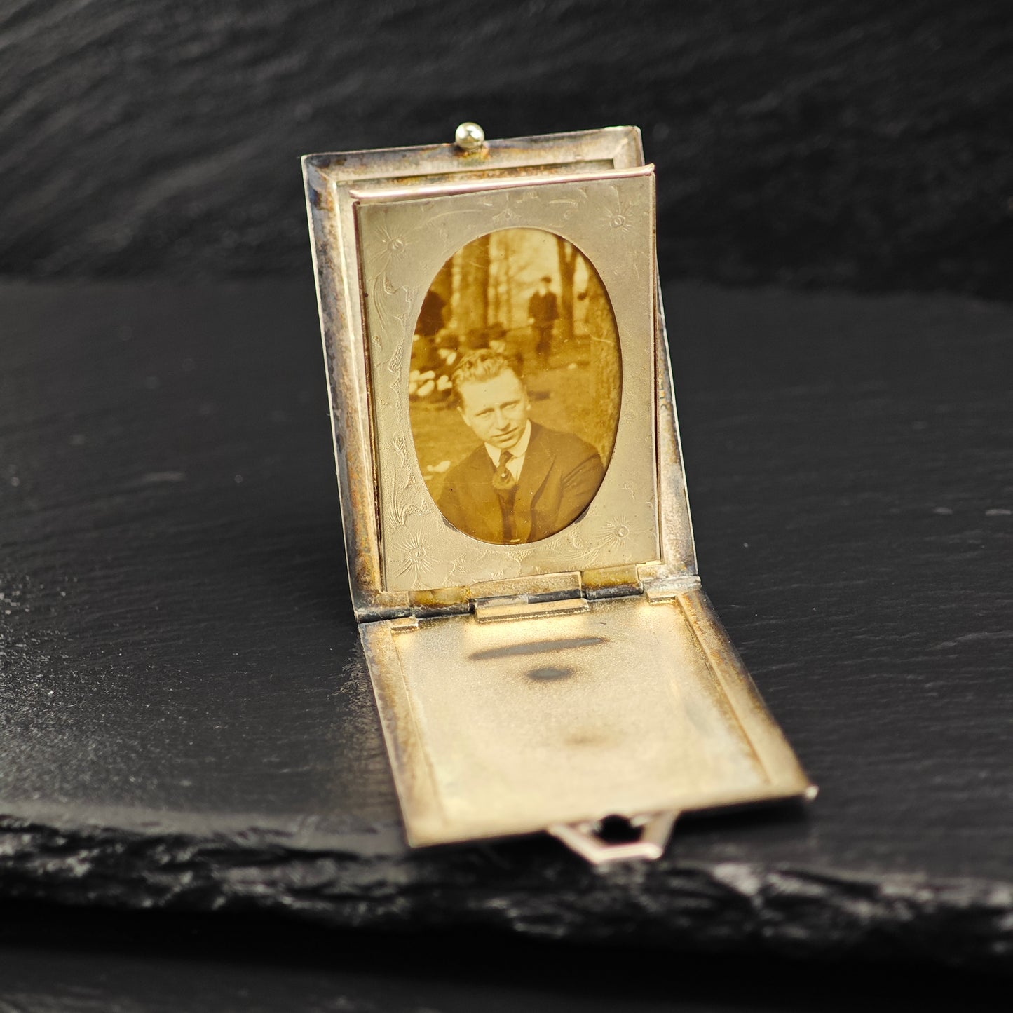 Antique Book Picture Locket Pendant Engraved ECA, Sterling Silver P3023