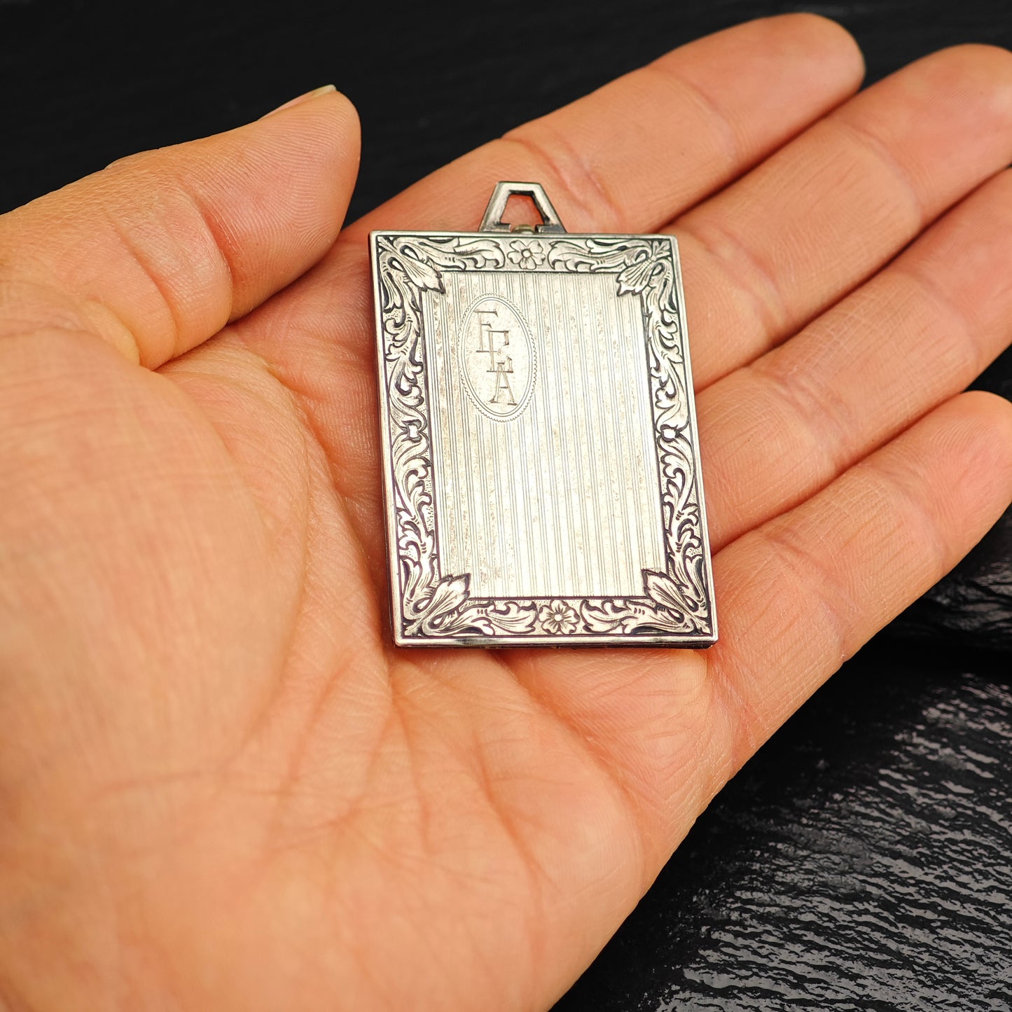 Antique Book Picture Locket Pendant Engraved ECA, Sterling Silver P3023