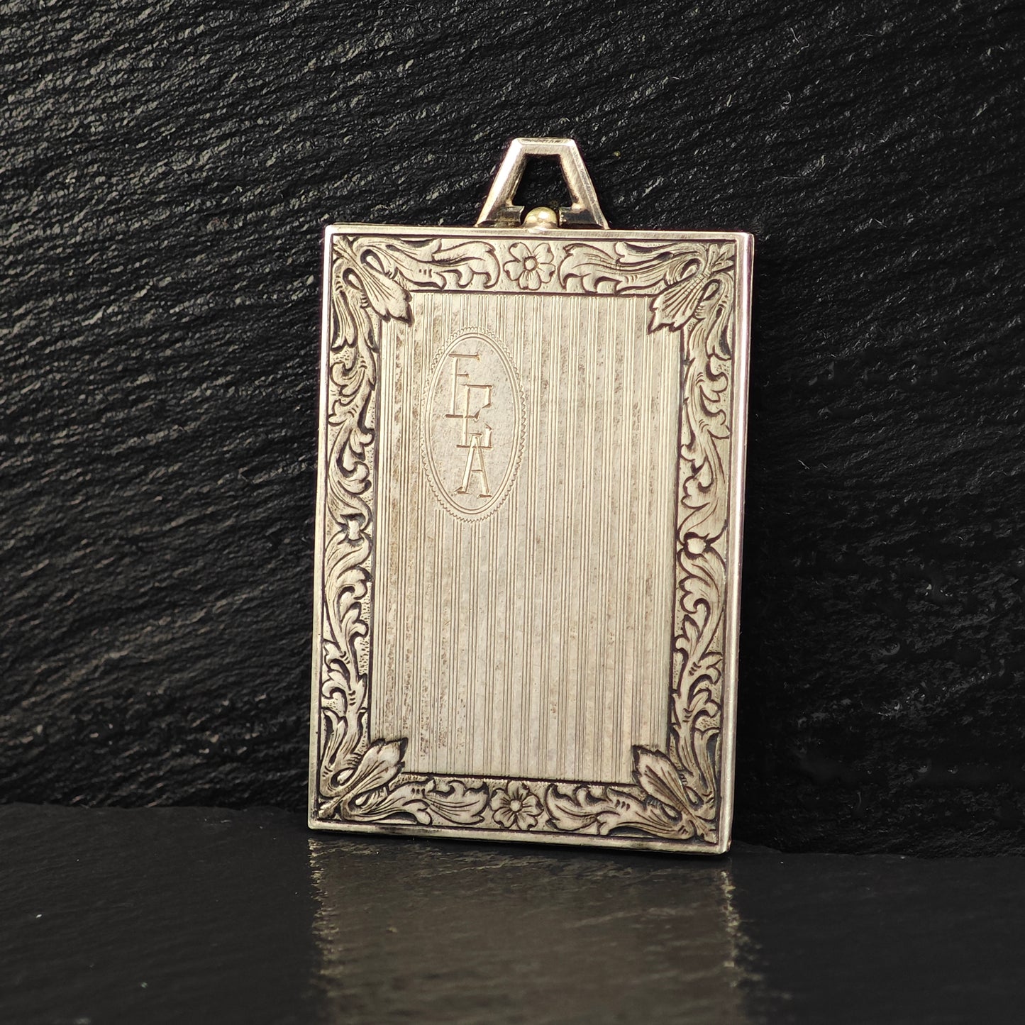 Antique Book Picture Locket Pendant Engraved ECA, Sterling Silver P3023