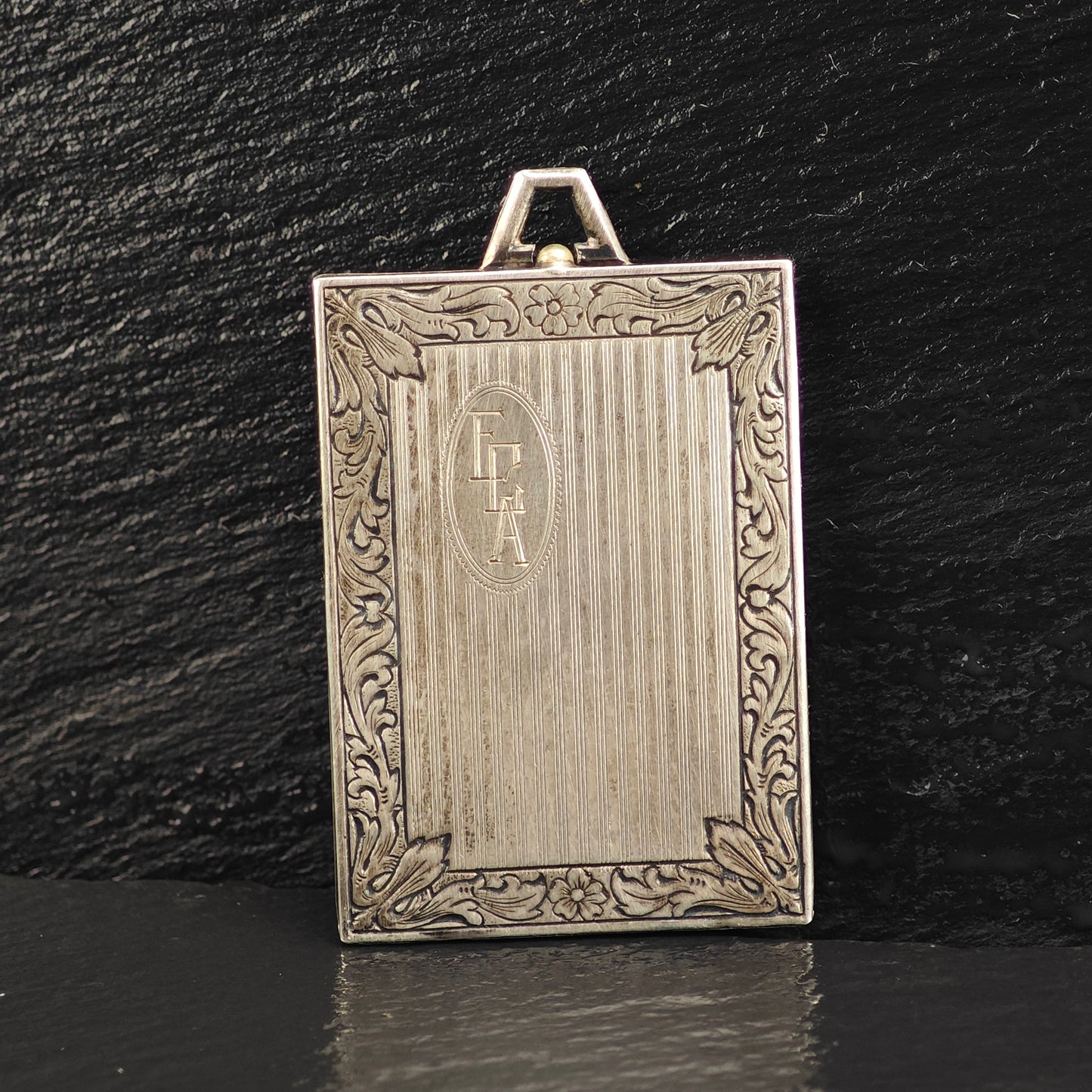 Antique Book Picture Locket Pendant Engraved ECA, Sterling Silver P3023