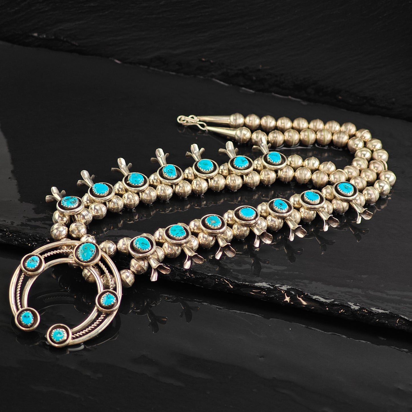 Vintage Native American Turquoise Sterling Silver Squash Blossom Necklace N2721