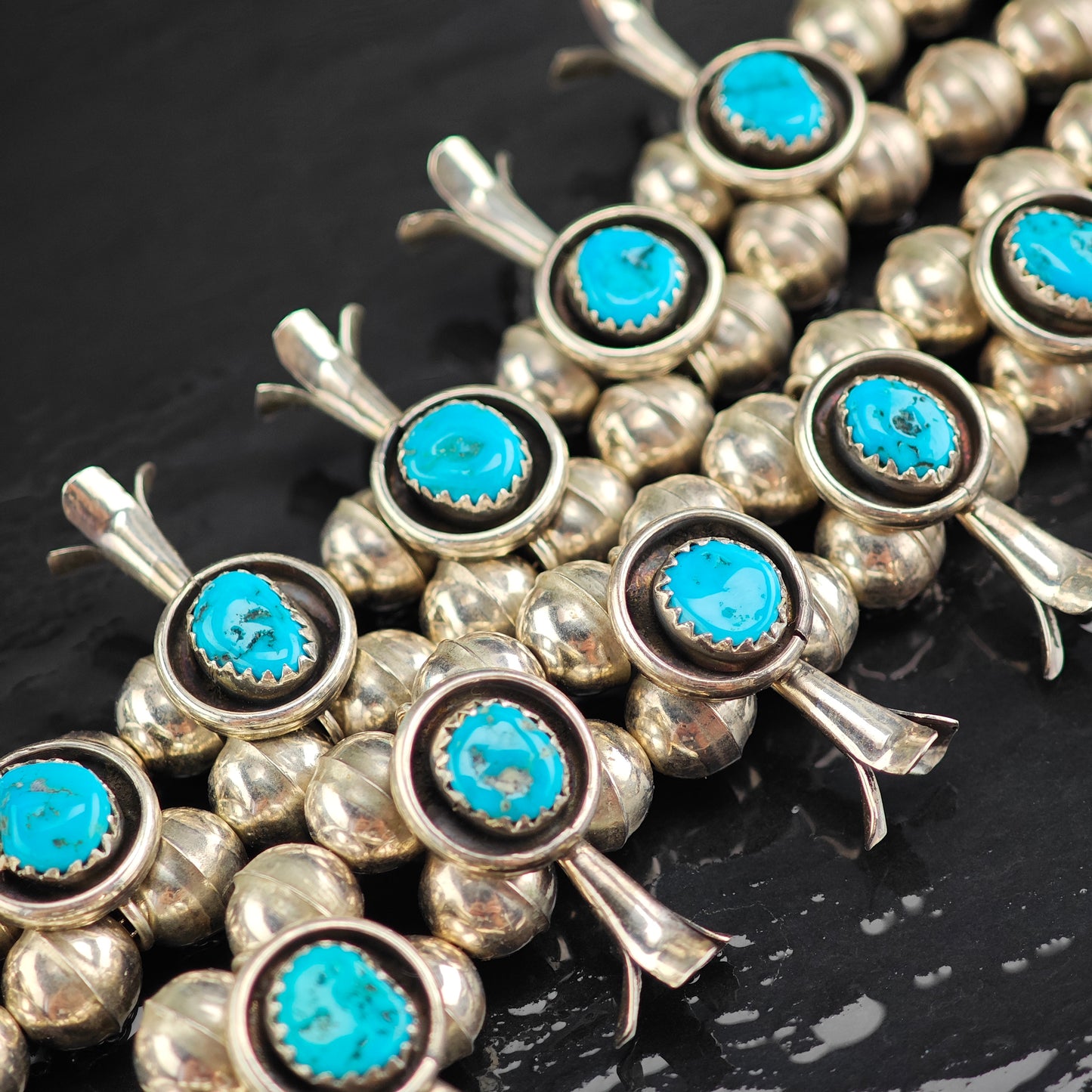 Vintage Native American Turquoise Sterling Silver Squash Blossom Necklace N2721