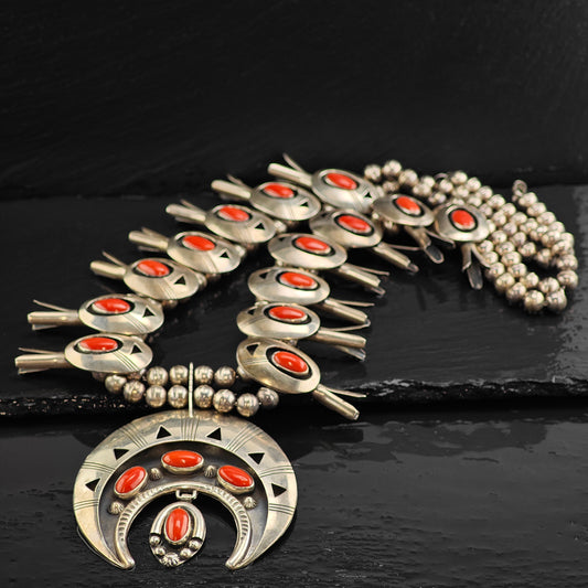 Vintage Native American Coral Sterling Silver Squash Blossom Necklace