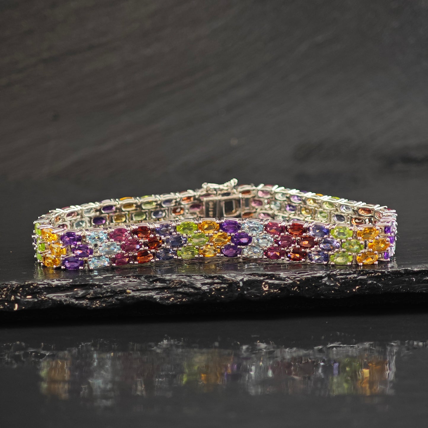 Multi Gemstone Sterling Silver Bracelet 7 1/2" BR3093Gra