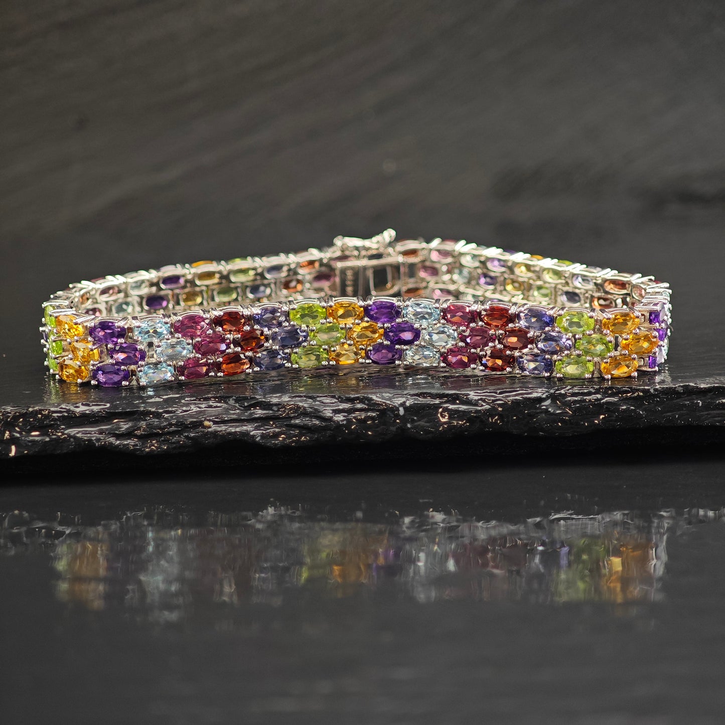 Multi Gemstone Sterling Silver Bracelet 7 1/2" BR3093Gra