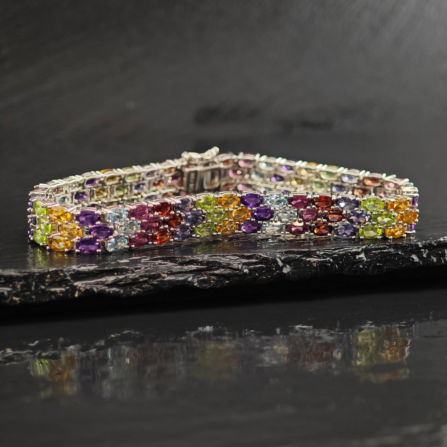 Multi Gemstone Sterling Silver Bracelet 7 1/2" BR3093Gra
