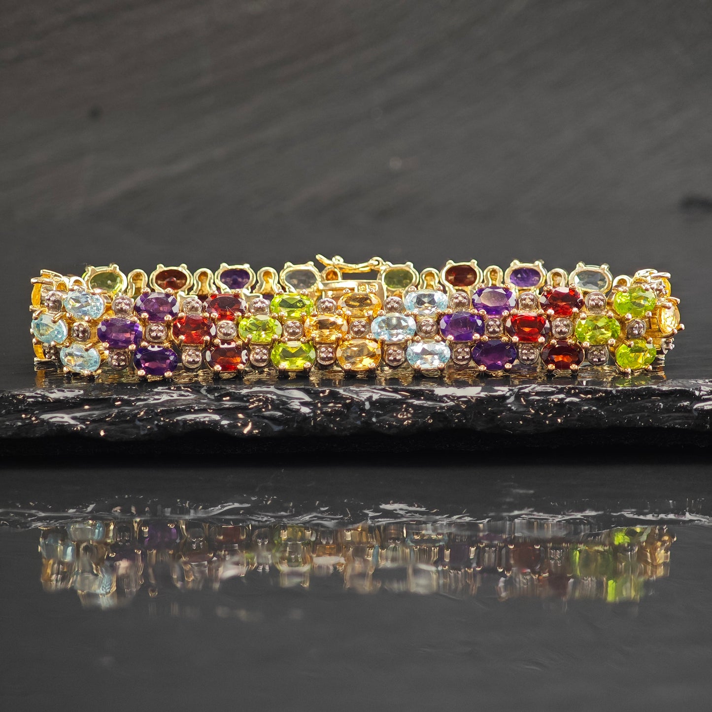 Multi-Stone Gold Plated Link Sterling Silver Bracelet 6 3/4" BR3094