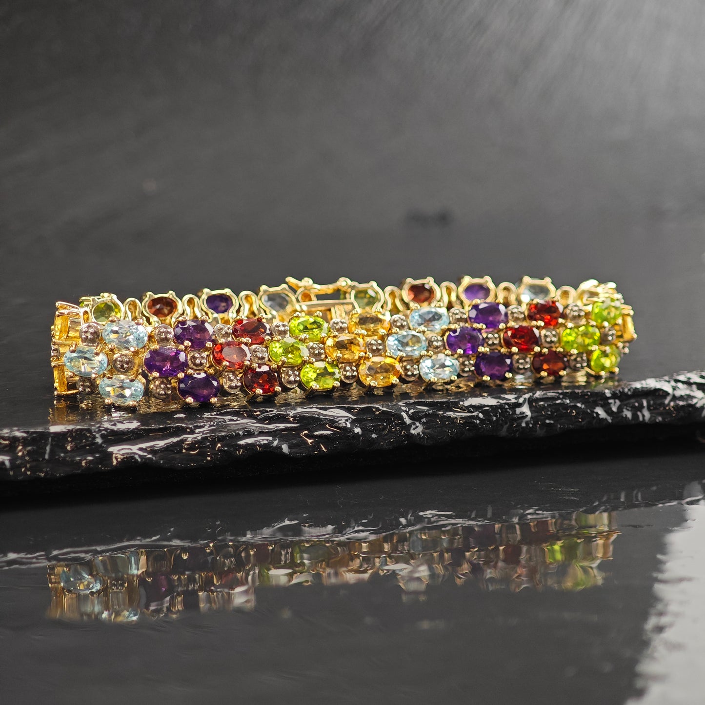 Multi-Stone Gold Plated Link Sterling Silver Bracelet 6 3/4" BR3094