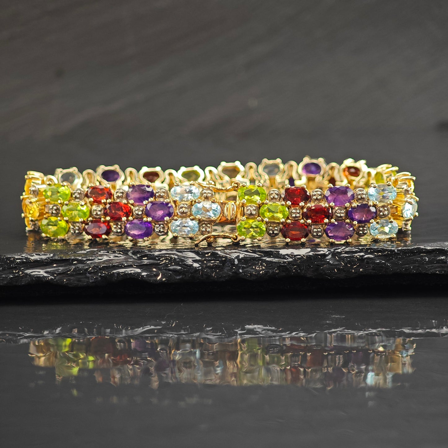 Multi-Stone Gold Plated Link Sterling Silver Bracelet 6 3/4" BR3094