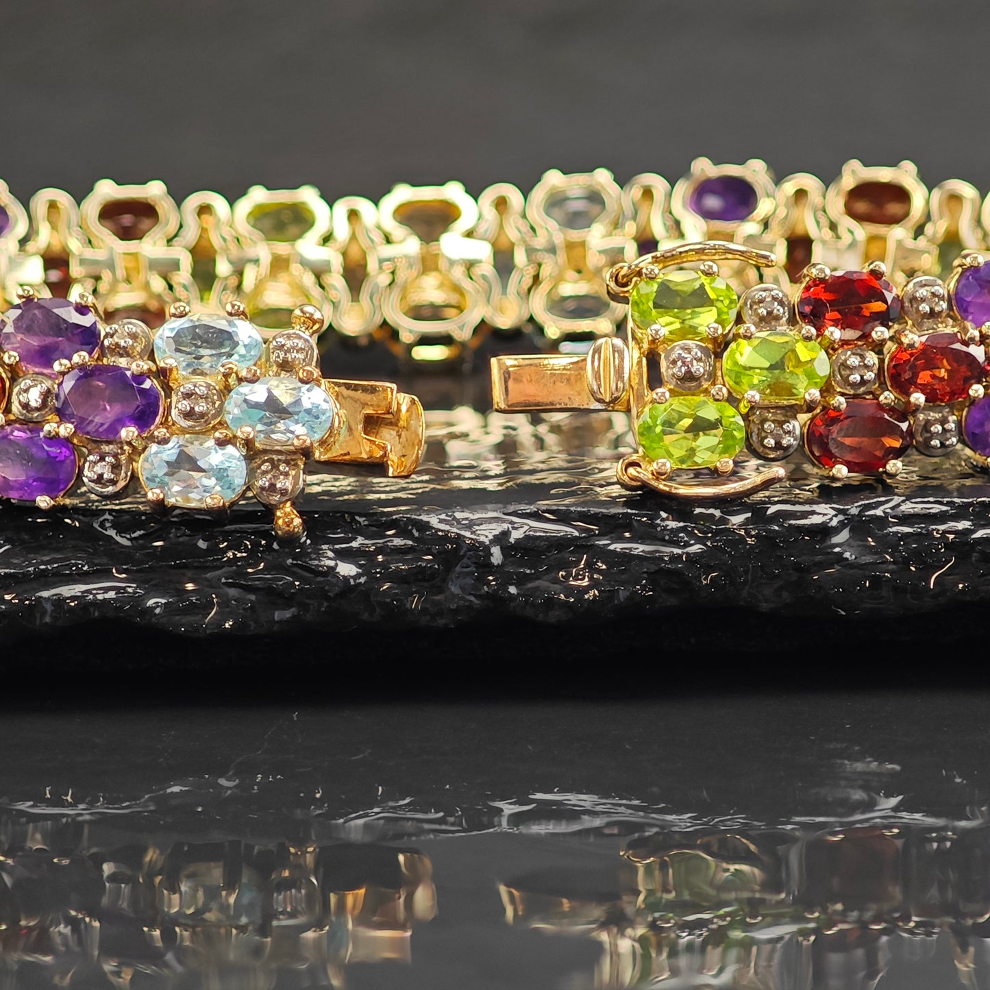 Multi-Stone Gold Plated Link Sterling Silver Bracelet 6 3/4" BR3094