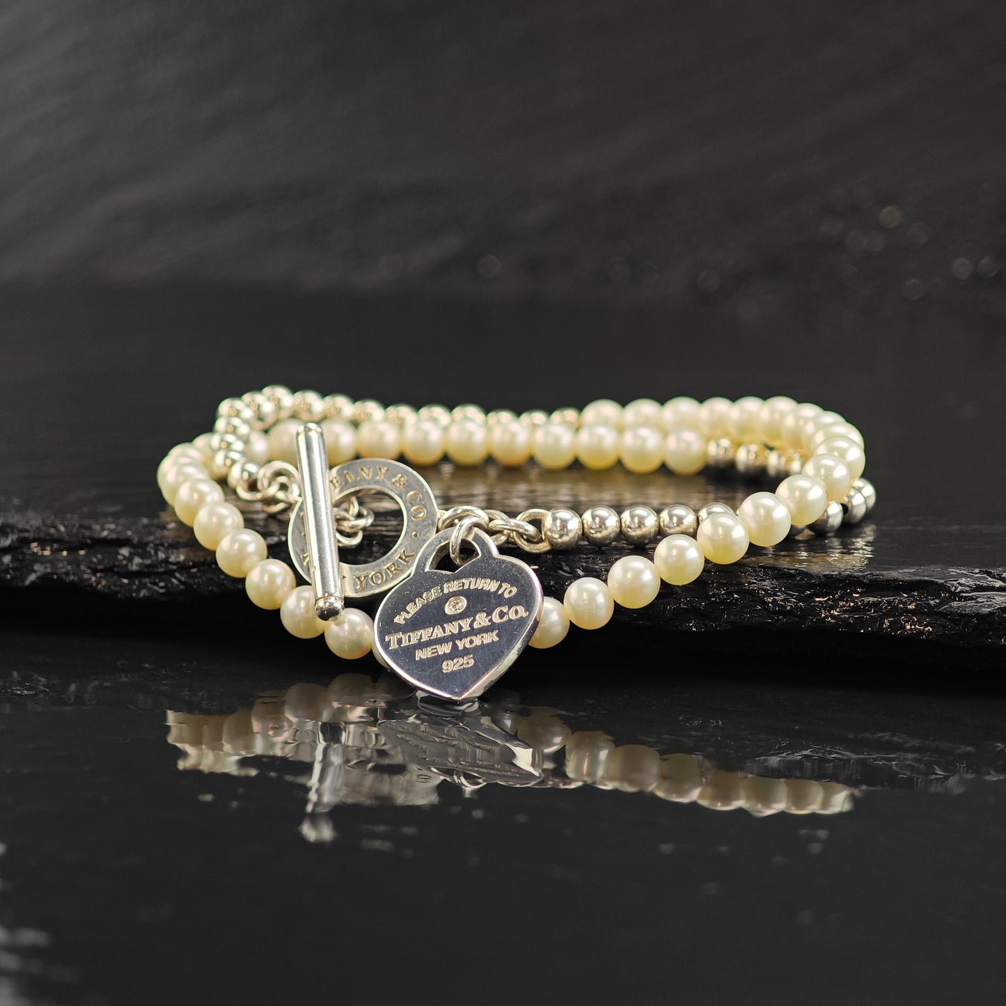 Tiffany Pearl & Diamond Heart Tag Wrap Bracelet 6 1/4" BR3101