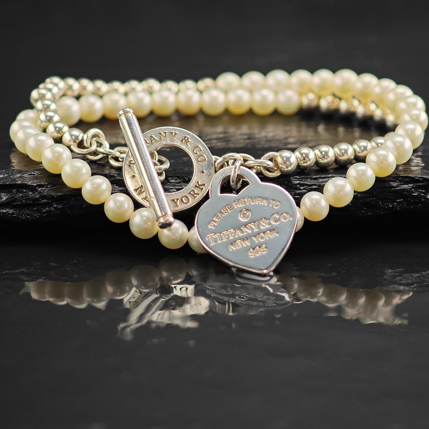 Tiffany Pearl & Diamond Heart Tag Wrap Bracelet 6 1/4" BR3101