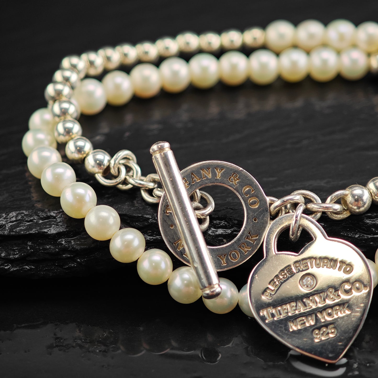 Tiffany Pearl & Diamond Heart Tag Wrap Bracelet 6 1/4" BR3101
