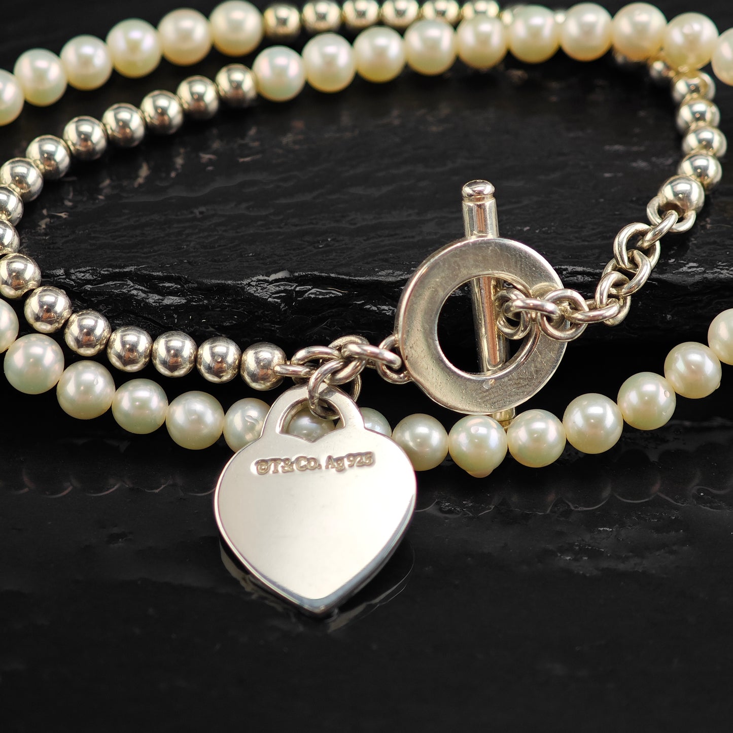 Tiffany Pearl & Diamond Heart Tag Wrap Bracelet 6 1/4" BR3101