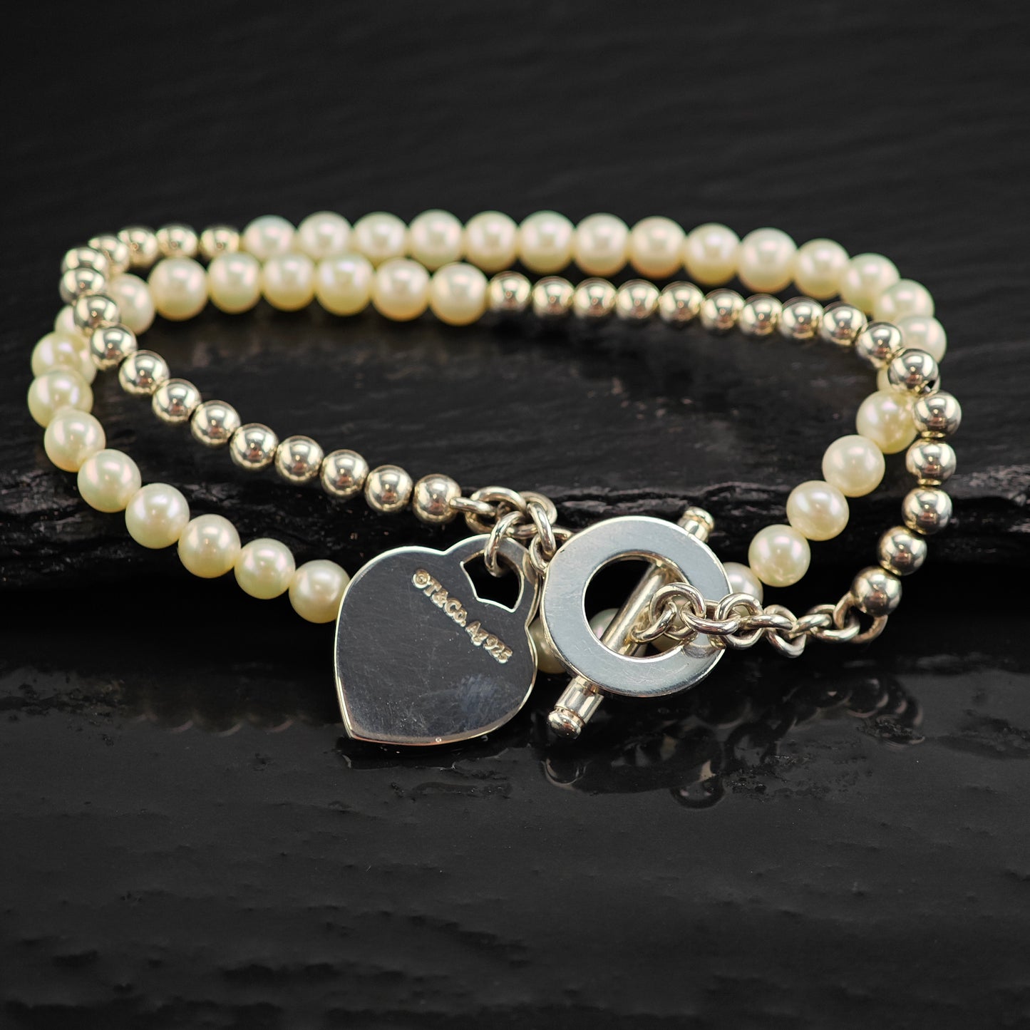 Tiffany Pearl & Diamond Heart Tag Wrap Bracelet 6 1/4" BR3101