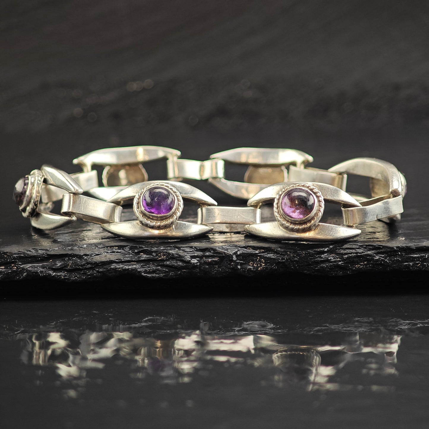 Taxco Amethyst Sterling Silver Link Bracelet 6 3/4" BR3102