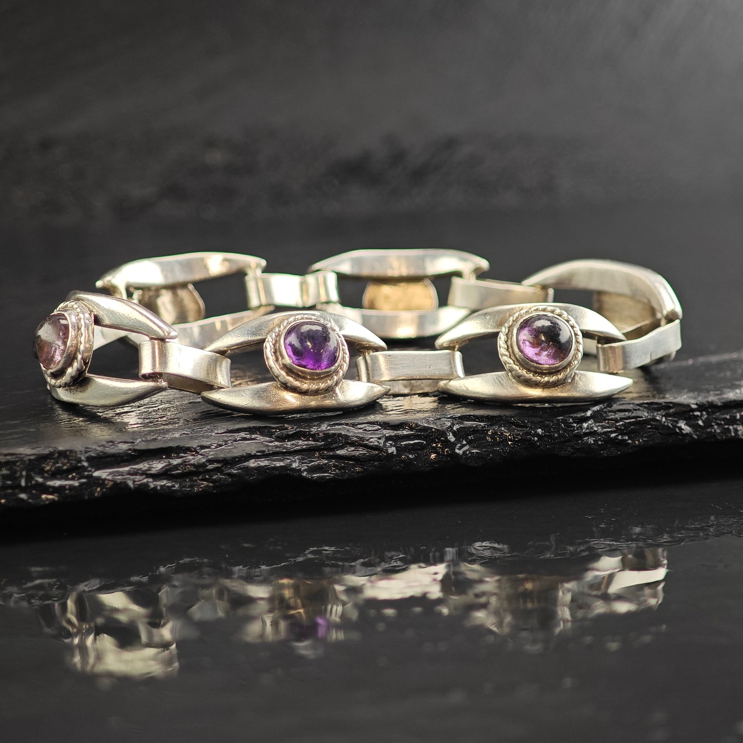 Taxco Amethyst Sterling Silver Link Bracelet 6 3/4" BR3102