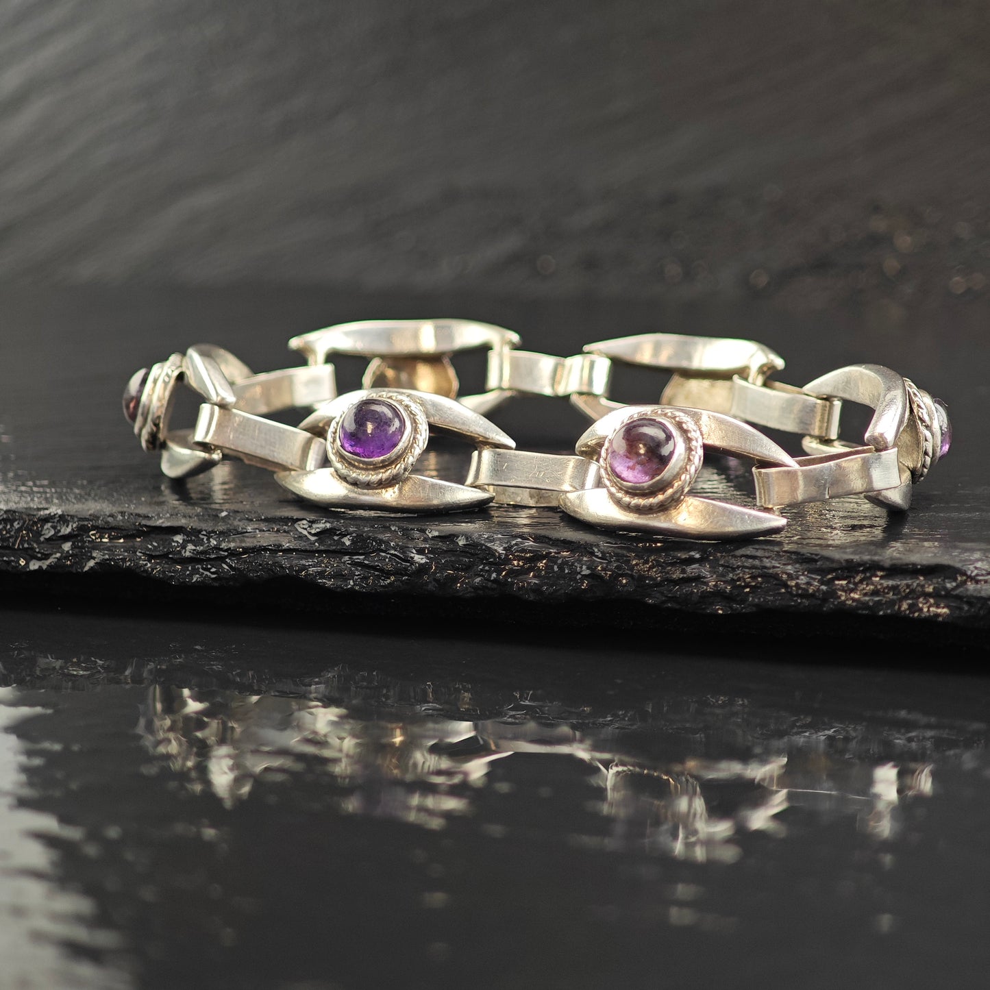 Taxco Amethyst Sterling Silver Link Bracelet 6 3/4" BR3102