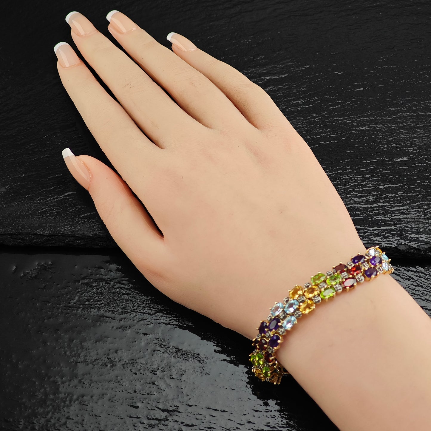 Multi-Stone Gold Plated Link Sterling Silver Bracelet 6 3/4" BR3094