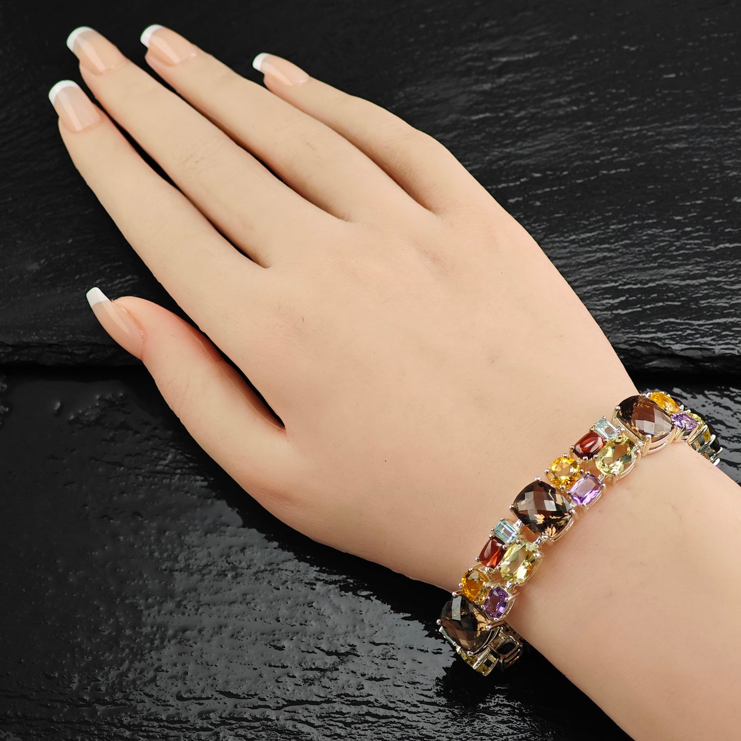 Multi-Stone Link Sterling Silver Bracelet 6 3/4" BR3095