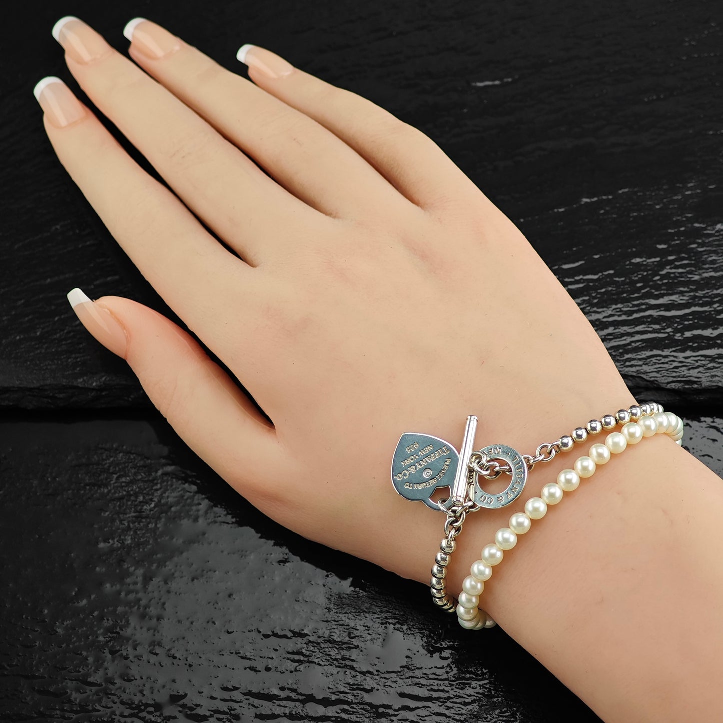 Tiffany Pearl & Diamond Heart Tag Wrap Bracelet 6 1/4" BR3101