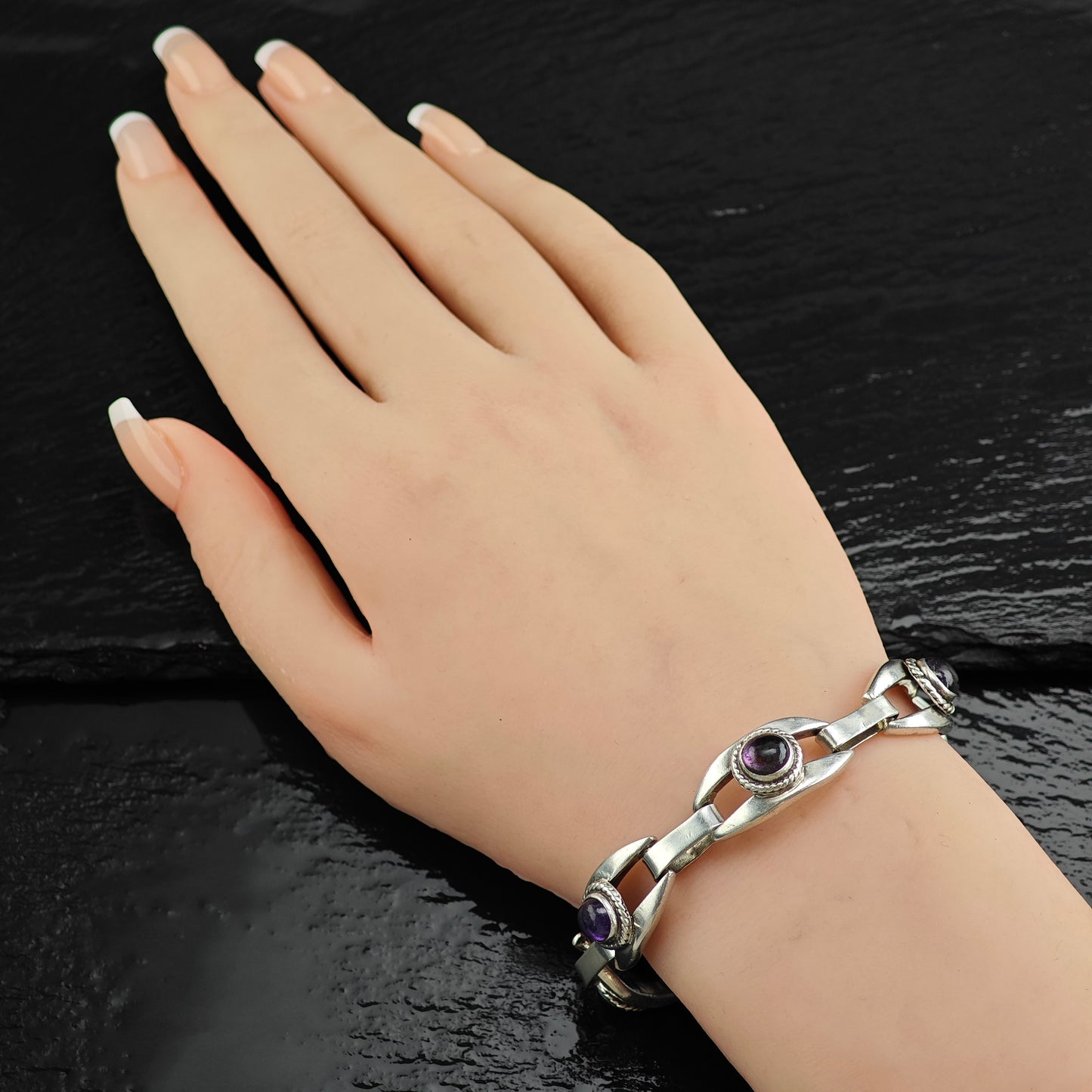 Taxco Amethyst Sterling Silver Link Bracelet 6 3/4" BR3102