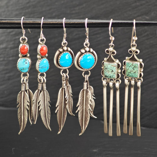 Vintage Choice Native American Turquoise, Coral Long Earrings With Dangles Sterling Silver ER2787