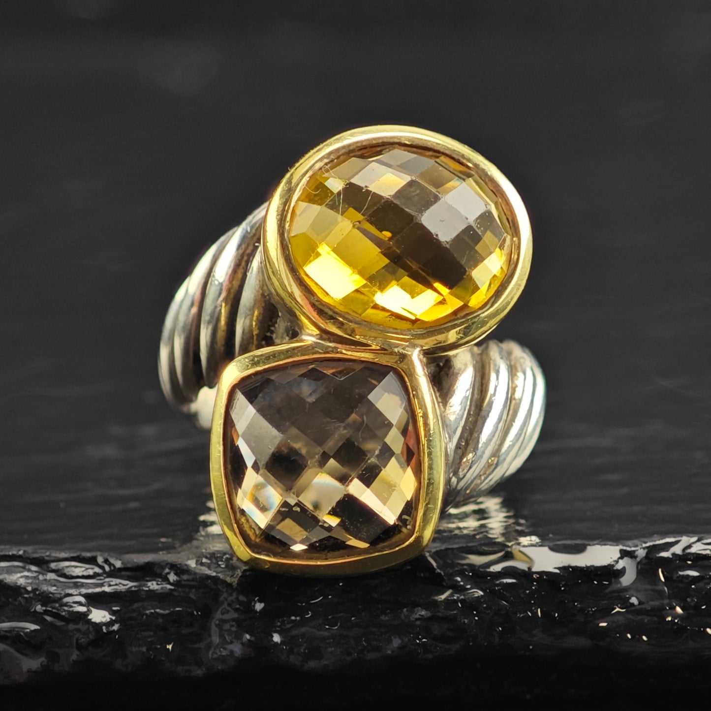 Vintage David Yurman Citrine & Smoky Quartz 18k Bezel Sterling Silver Ring Sz 5 1/2 R6574