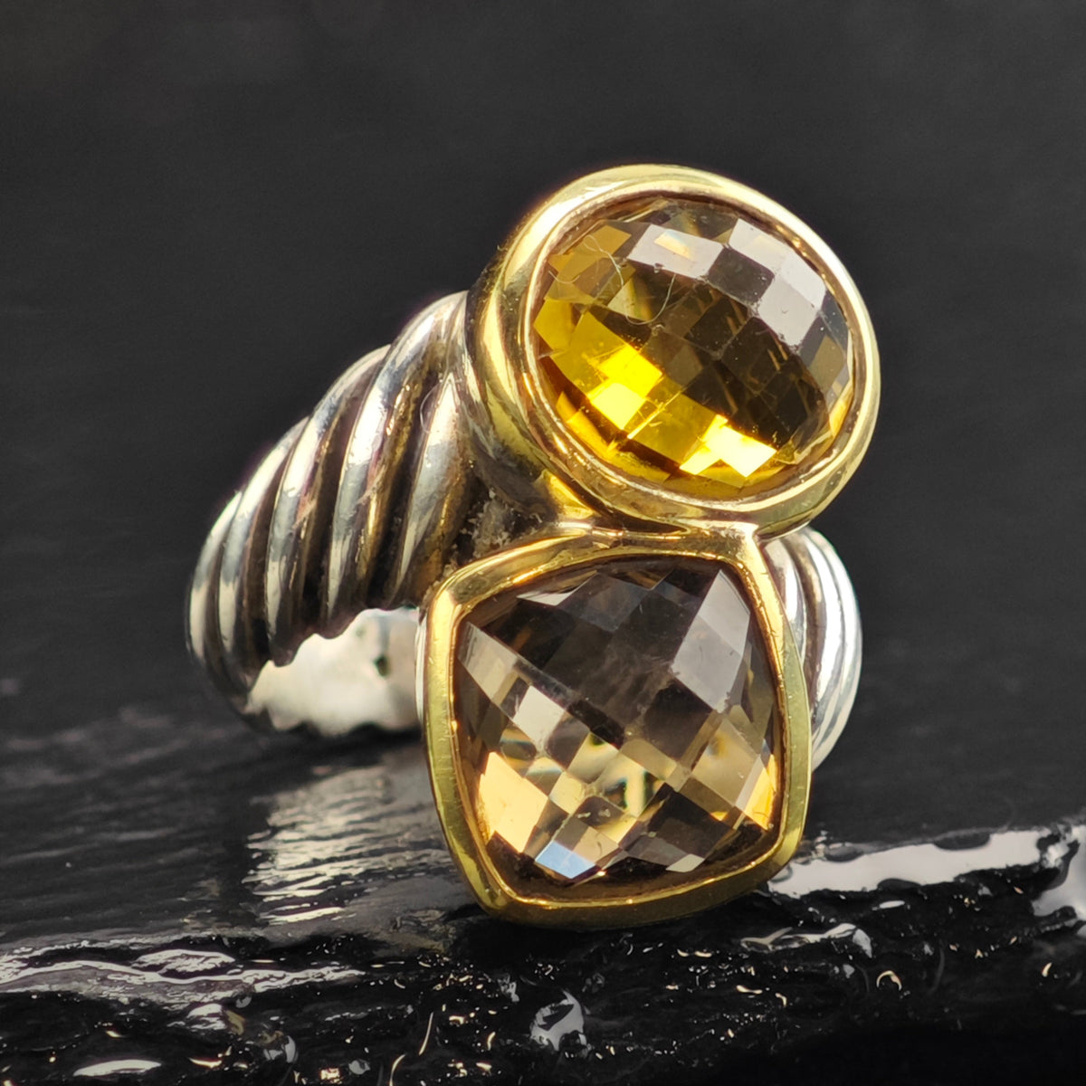 Vintage David Yurman Citrine & Smoky Quartz 18k Bezel Sterling Silver Ring Sz 5 1/2 R6574