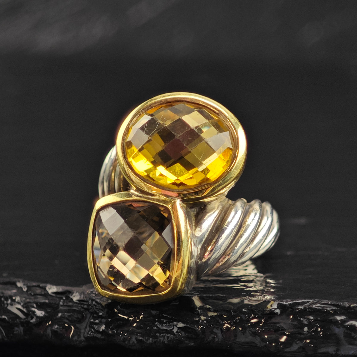 Vintage David Yurman Citrine & Smoky Quartz 18k Bezel Sterling Silver Ring Sz 5 1/2 R6574