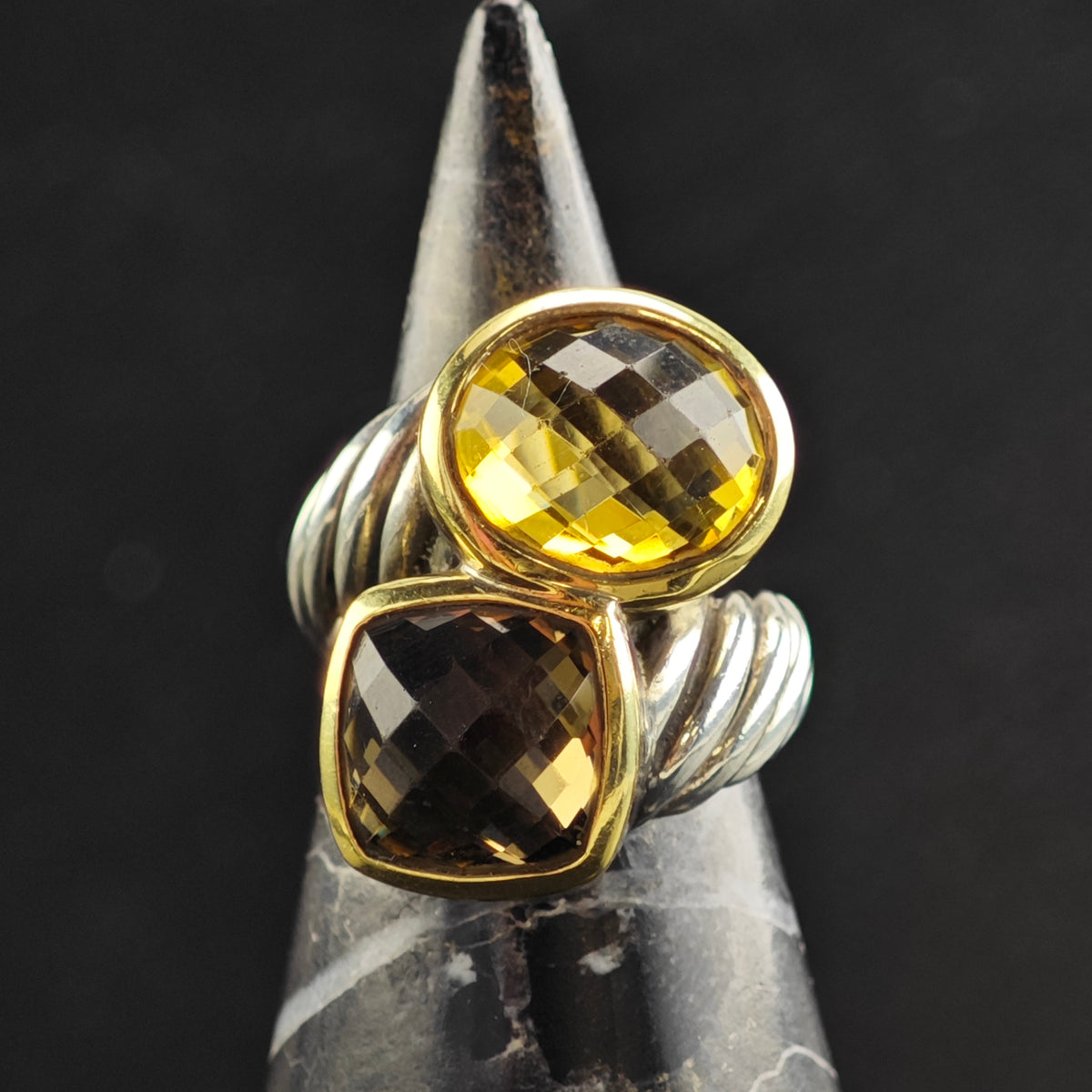 Vintage David Yurman Citrine & Smoky Quartz 18k Bezel Sterling Silver Ring Sz 5 1/2 R6574