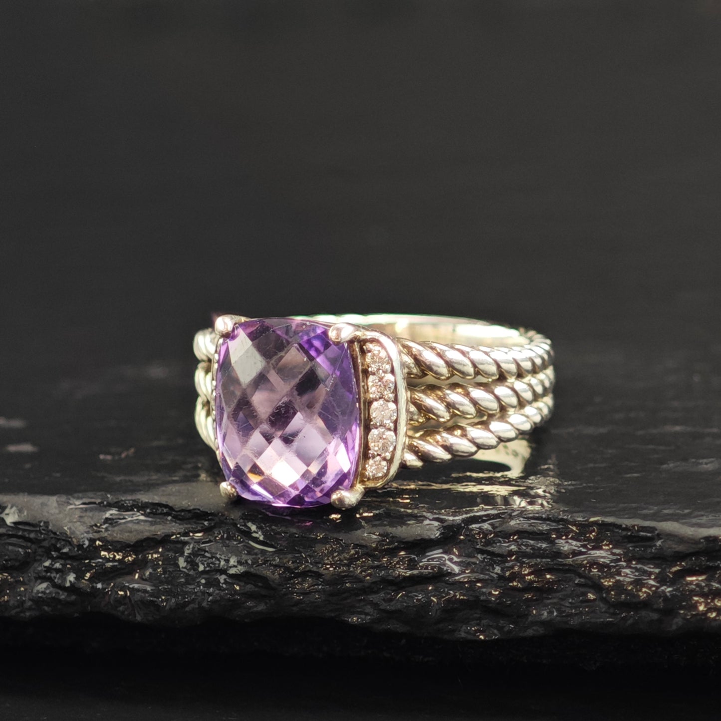 Vintage David Yurman Amethyst & Diamond Sterling Silver Ring Sz 5 3/4 R6603