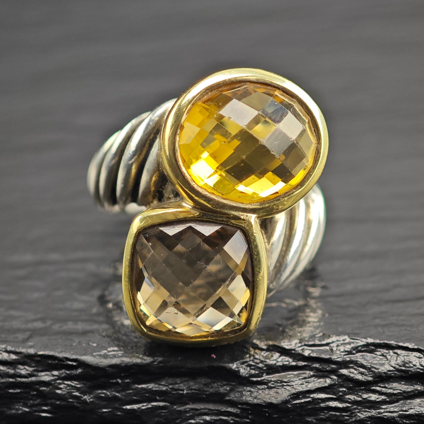 Vintage David Yurman Citrine & Smoky Quartz 18k Bezel Sterling Silver Ring Sz 5 1/2 R6574