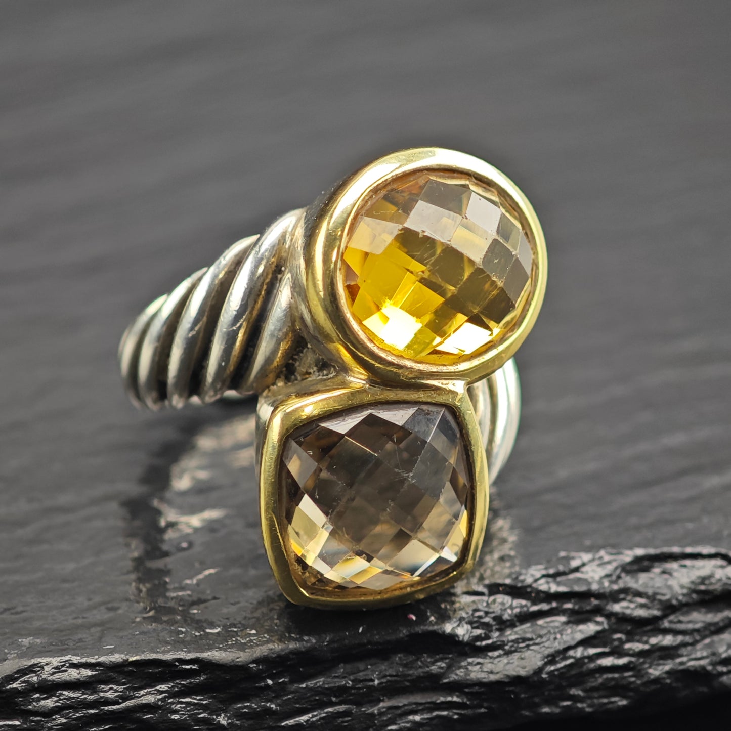Vintage David Yurman Citrine & Smoky Quartz 18k Bezel Sterling Silver Ring Sz 5 1/2 R6574
