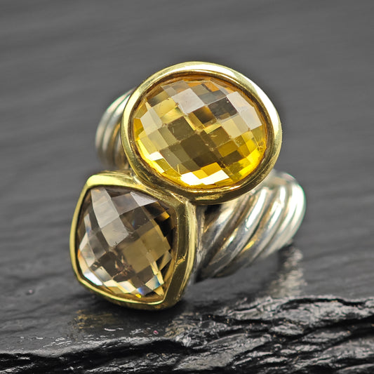 Vintage David Yurman Citrine & Smoky Quartz 18k Bezel Sterling Silver Ring Sz 5 1/2 R6574