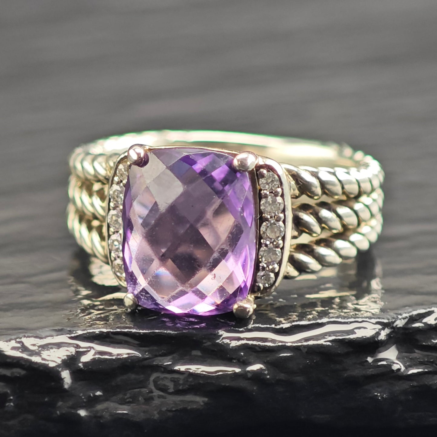 Vintage David Yurman Amethyst & Diamond Sterling Silver Ring Sz 5 3/4 R6603