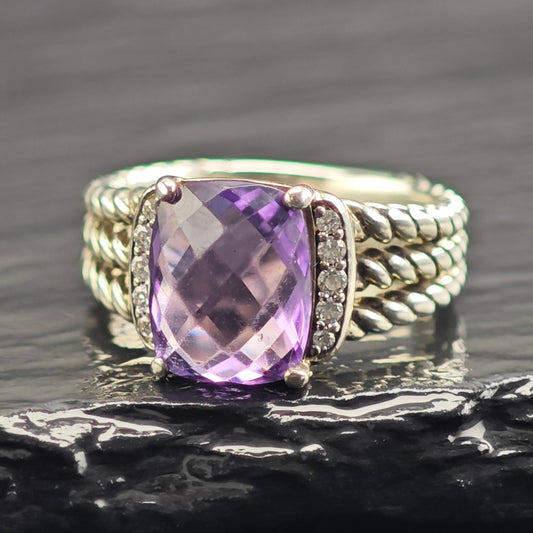 Vintage David Yurman Amethyst & Diamond Sterling Silver Ring Sz 5 3/4 R6603