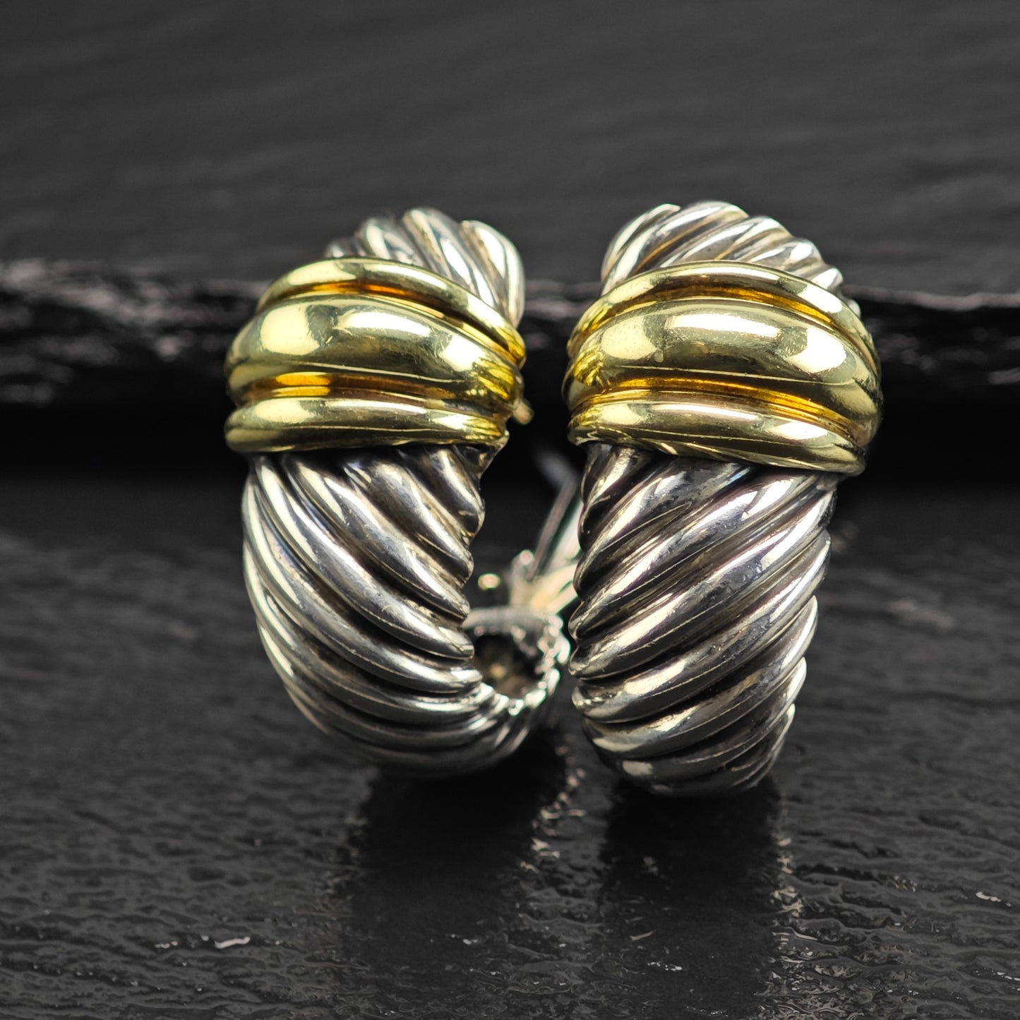 Vintage David Yurman 14K Gold Scallop, Gold Post Sterling Silver Omega Earrings ER3180