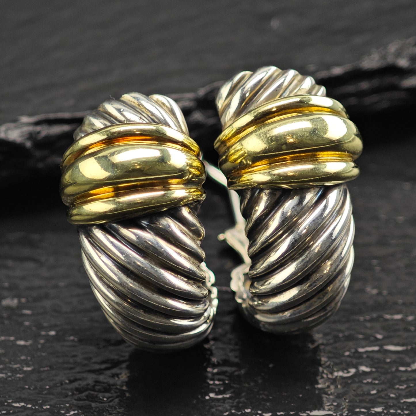 Vintage David Yurman 14K Gold Scallop, Gold Post Sterling Silver Omega Earrings ER3180