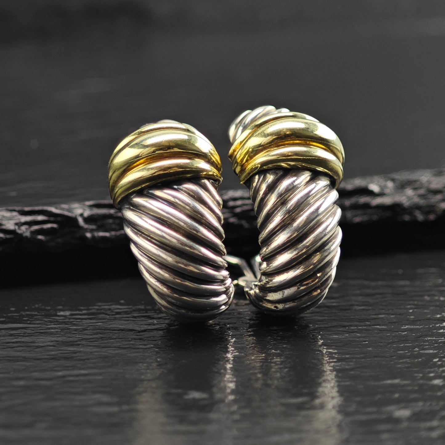 Vintage David Yurman 14K Gold Scallop, Gold Post Sterling Silver Omega Earrings ER3180