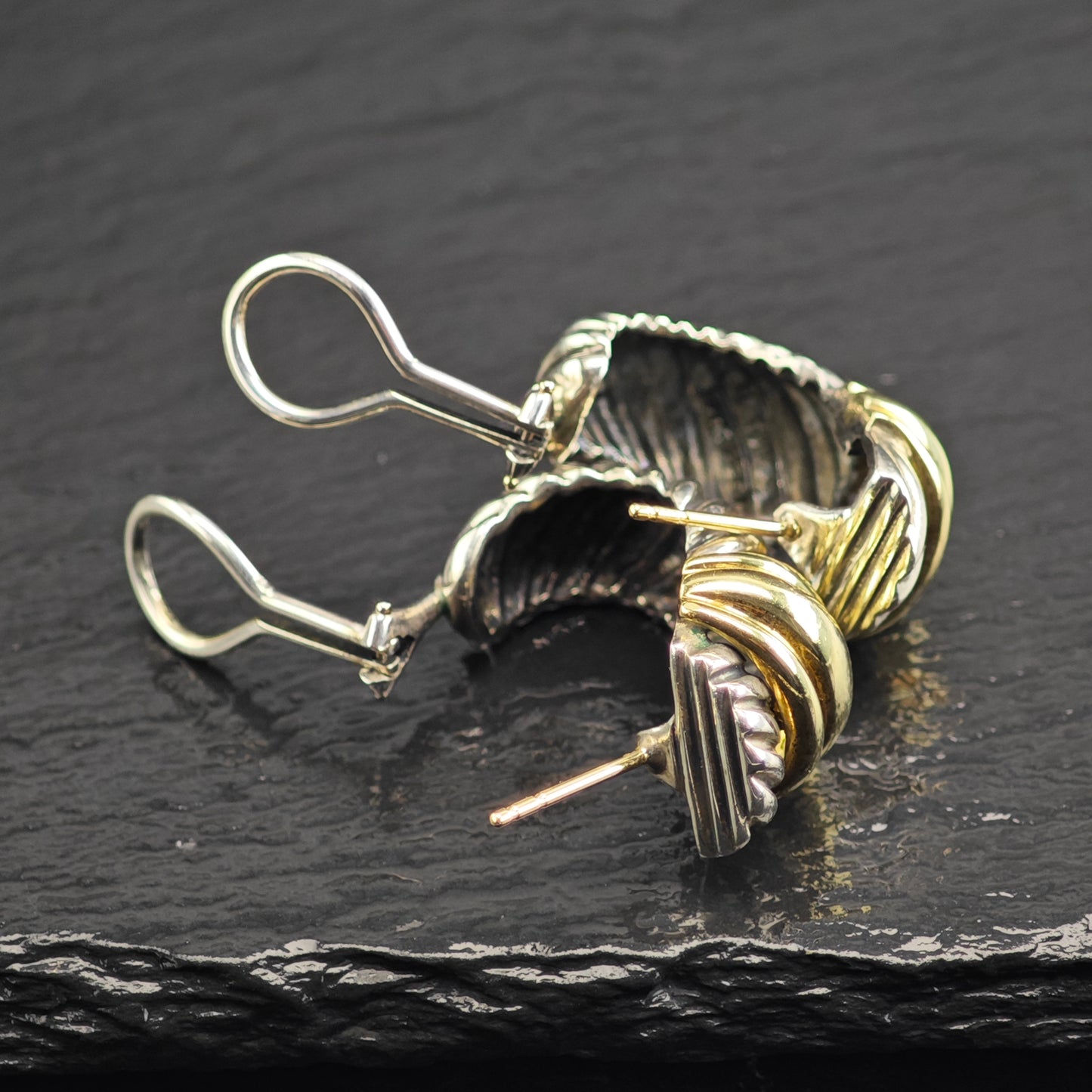 Vintage David Yurman 14K Gold Scallop, Gold Post Sterling Silver Omega Earrings ER3180
