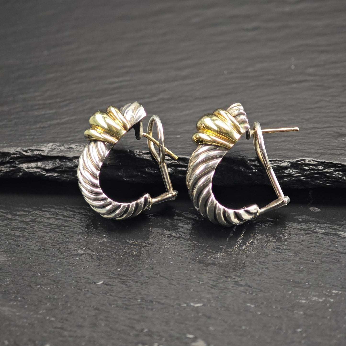 Vintage David Yurman 14K Gold Scallop, Gold Post Sterling Silver Omega Earrings ER3180