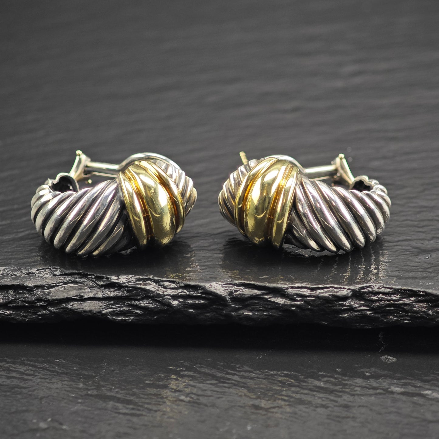 Vintage David Yurman 14K Gold Scallop, Gold Post Sterling Silver Omega Earrings ER3180