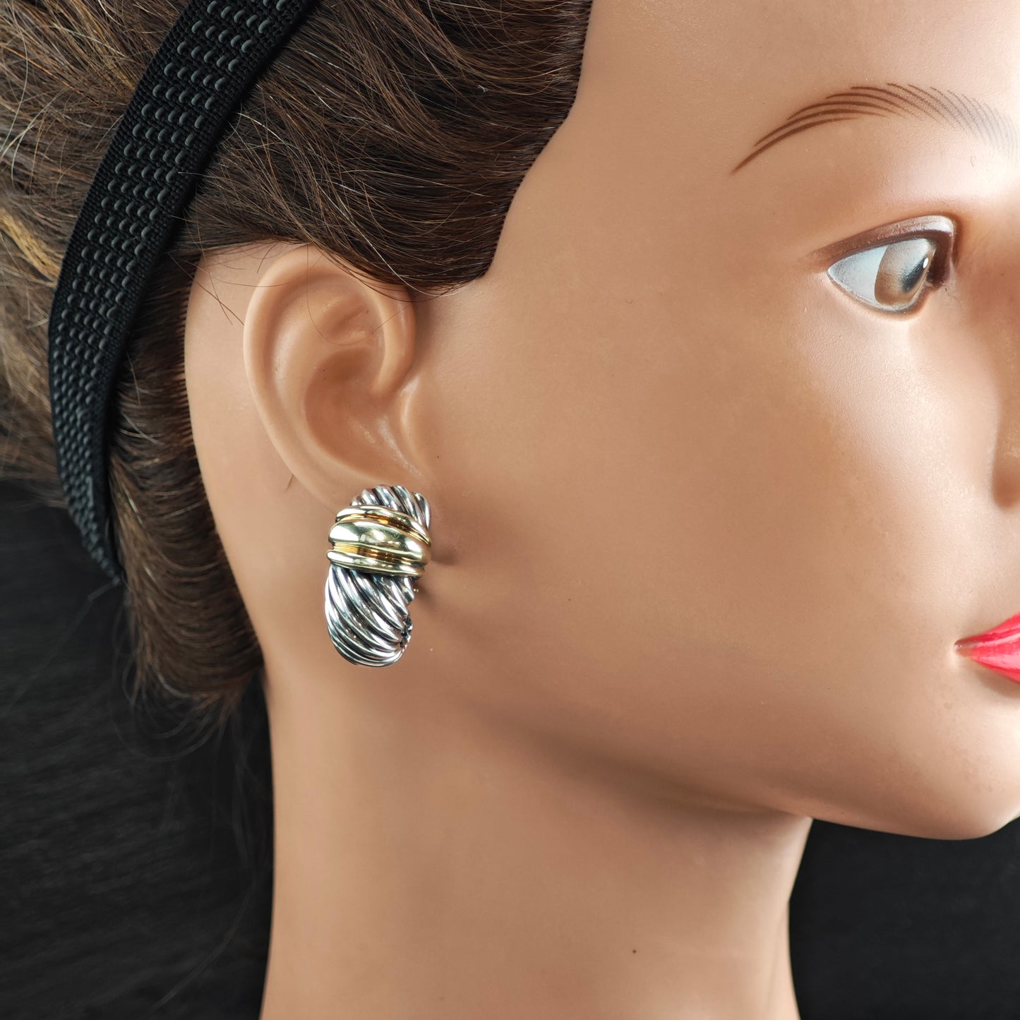 Vintage David Yurman 14K Gold Scallop, Gold Post Sterling Silver Omega Earrings ER3180