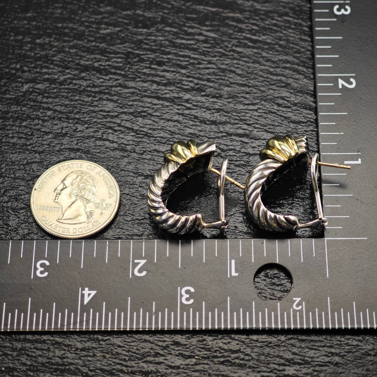 Vintage David Yurman 14K Gold Scallop, Gold Post Sterling Silver Omega Earrings ER3180