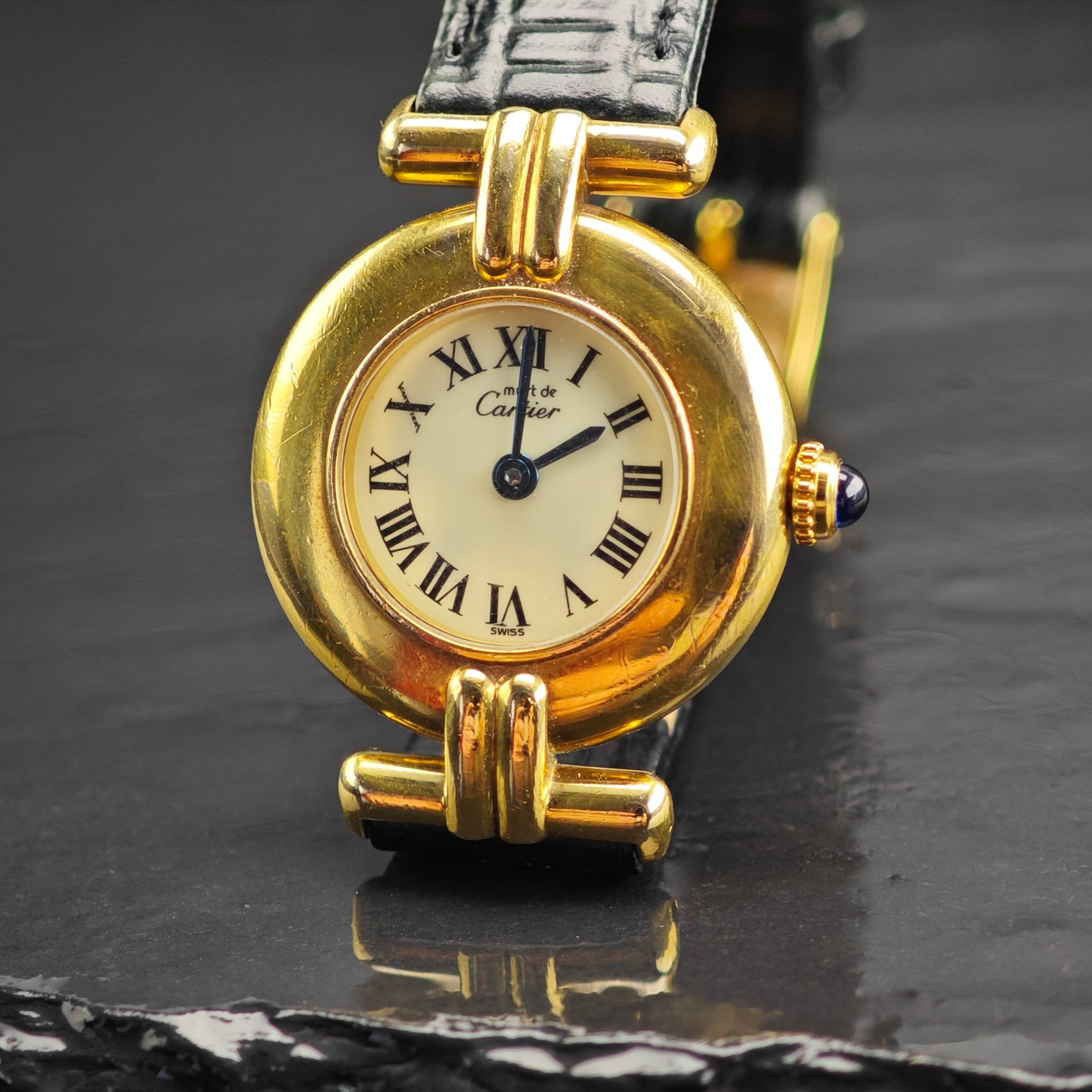 Cartier Paris Vermeil Quartz Argent Swiss Made Blue Dial Sapphire Crown MICS0391