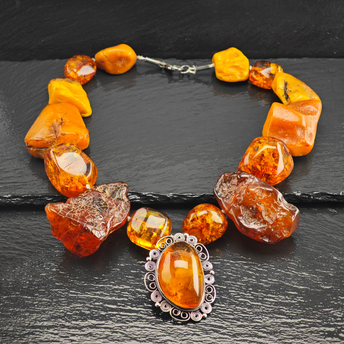 Vintage Large Symmetrical Amber Beaded Necklace Sterling Silver N2772
