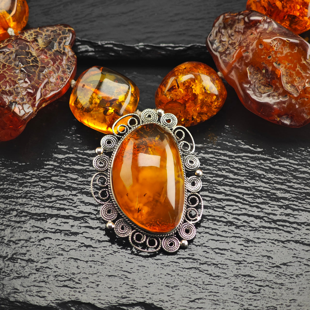 Vintage Large Symmetrical Amber Beaded Necklace Sterling Silver N2772