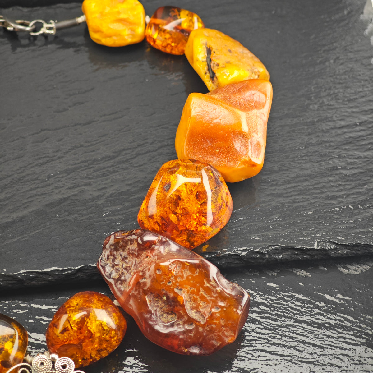 Vintage Large Symmetrical Amber Beaded Necklace Sterling Silver N2772